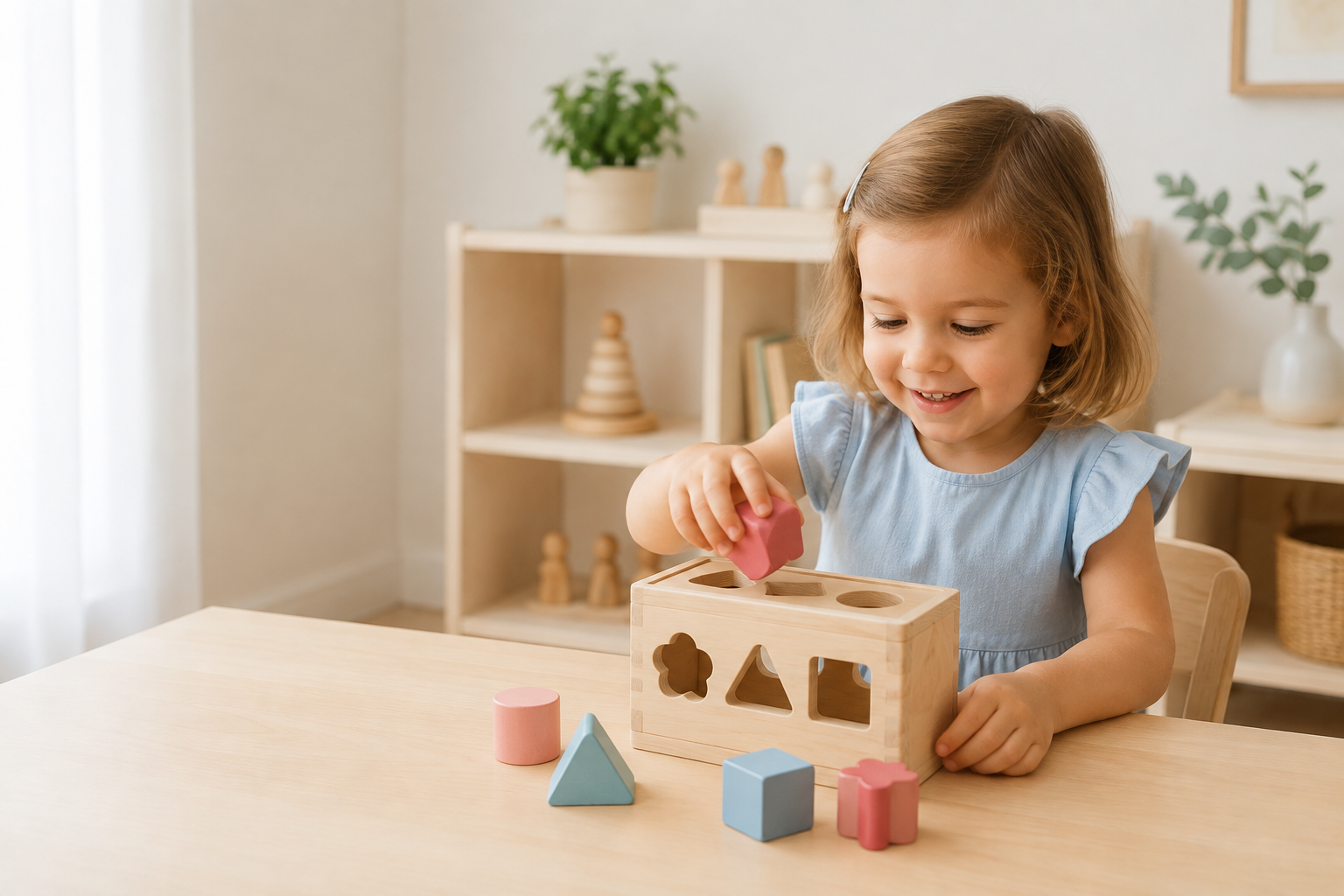Child playing with a wooden Montessori shape sorter