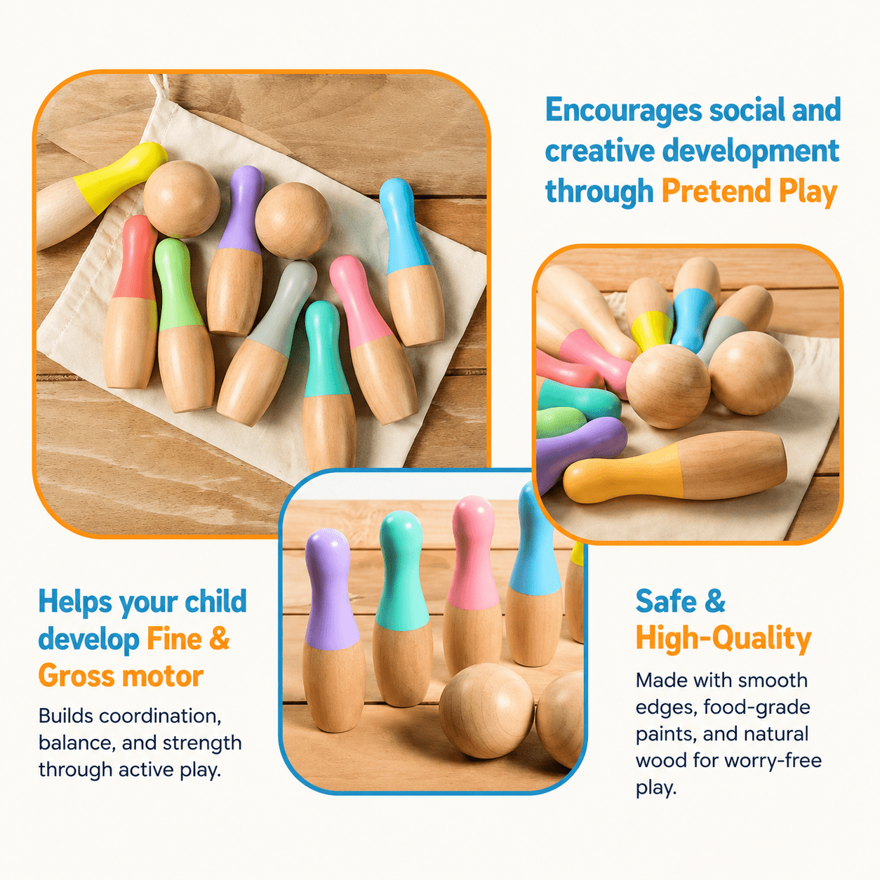 Montessori Rainbow Wooden Bowling Set